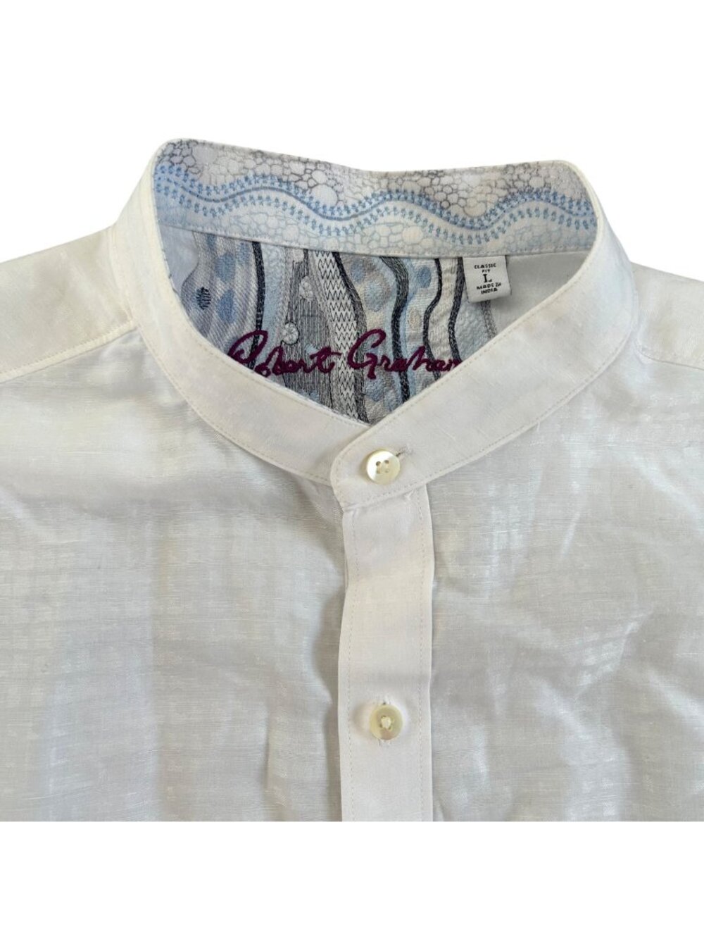 Robert Graham Men's Sz L White Mandarin Collar Long Sleeve Shirt Linen Blend